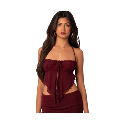 Shop Edikted Ariyah Open Tie Back Ruffle Mesh Top In Burgundy