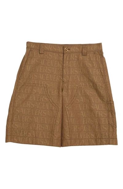 Shop Versace Allover Logo Jacquard Techno Canvas Shorts In Brown Beige