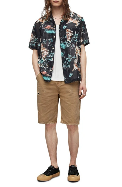 Shop Allsaints Tagise Relaxed Fit Tiger Print Short Sleeve Cotton Button-up Shirt In Jet Black