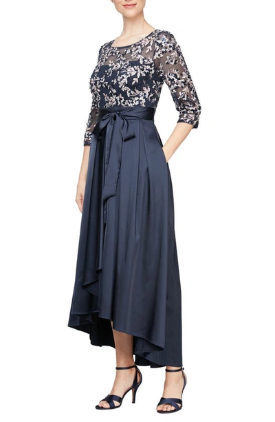 Shop Alex Evenings Embroidered Beaded High-low Gown In Navy/ Pink