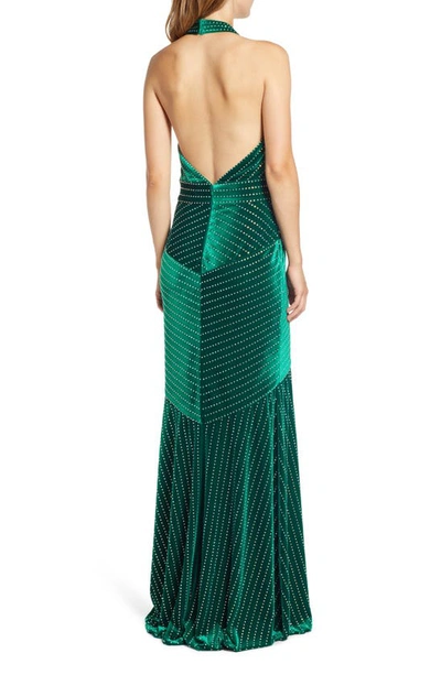 Shop Tadashi Shoji Plunge Neck Studded Velvet Gown In Pine