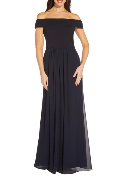 Shop Adrianna Papell Off The Shoulder Crepe Chiffon Gown In Midnight