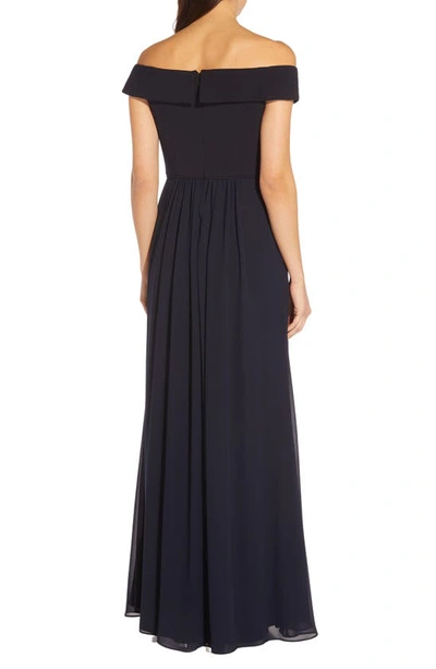 Shop Adrianna Papell Off The Shoulder Crepe Chiffon Gown In Midnight