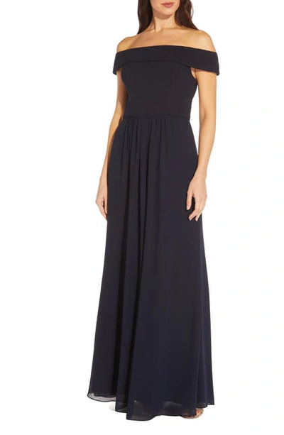 Shop Adrianna Papell Off The Shoulder Crepe Chiffon Gown In Midnight