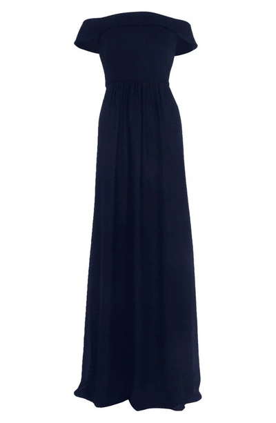 Shop Adrianna Papell Off The Shoulder Crepe Chiffon Gown In Midnight