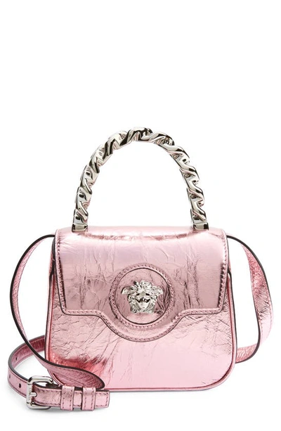 Shop Versace Mini La Medusa Metallic Leather Top Handle Bag In Baby Pink New/ Palladium