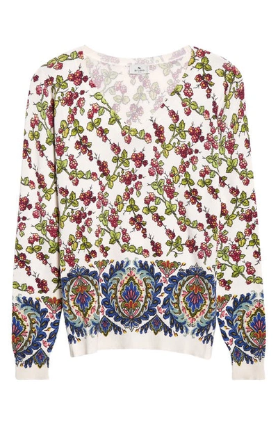 Shop Etro Paisley & Berry Print V-neck Stretch Silk Sweater In Bianco