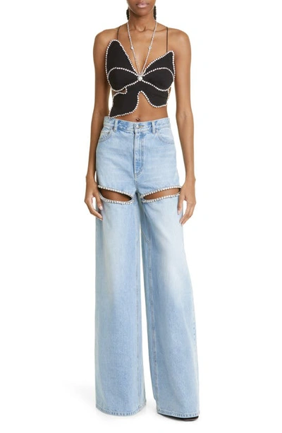 Area Crystal-embellished Cutout High-rise Wide-leg Jeans In Light Blue