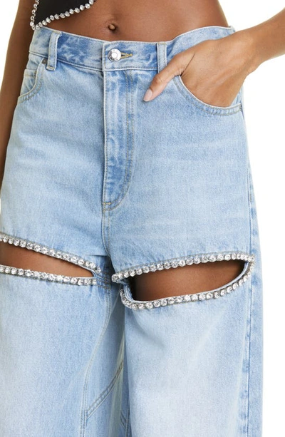 Shop Area Crystal Slit Cotton Denim Wide Legs Jeans In Light Blue