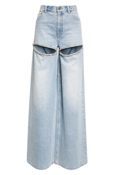 Area Crystal-embellished Cutout High-rise Wide-leg Jeans In Light Blue