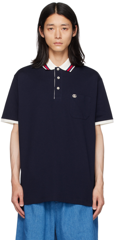 Shop Gucci Navy Patch Pocket Polo In 4215 Navy/mix