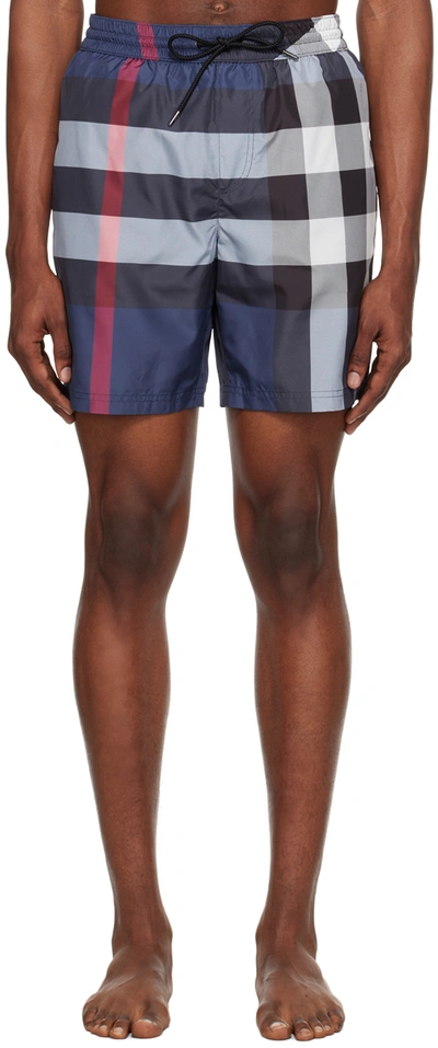 Shop Burberry Navy Exaggerated Check Swim Shorts In Carbon Blue Ip Check
