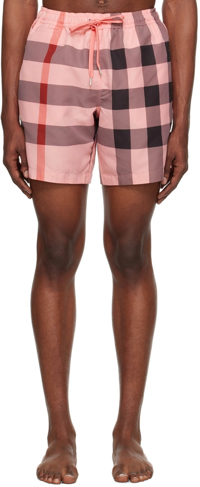 Shop Burberry Pink Check Swim Shorts In Candy Pink Ip Chk