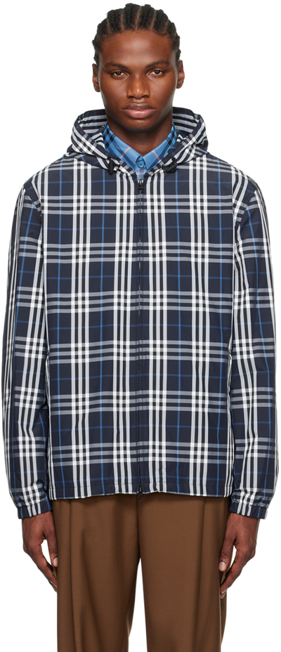 Shop Burberry Navy Check Jacket In White/dcblueipchk Ca