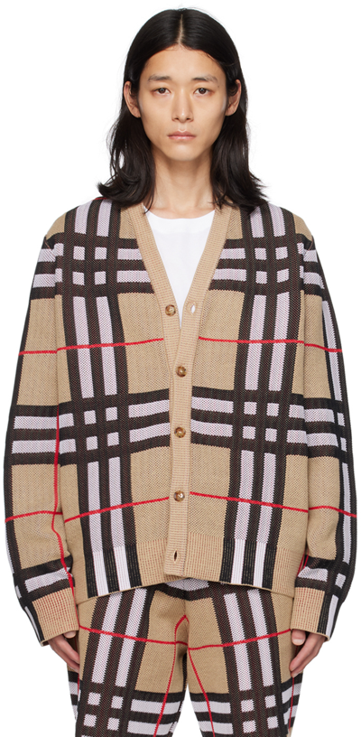 Shop Burberry Beige Check Cardigan In Archive Beige