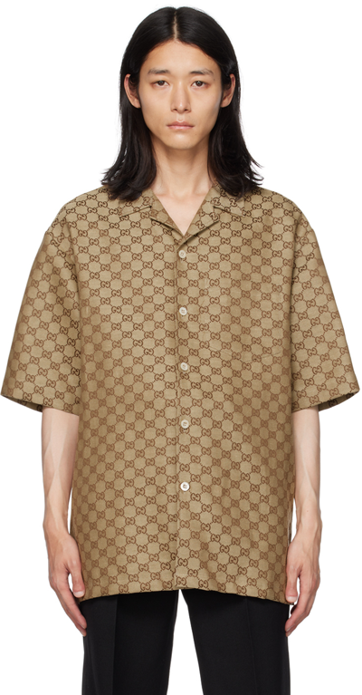 Gucci - Short-sleeved GG-jacquard Linen-Blend Shirt - Mens - Camel