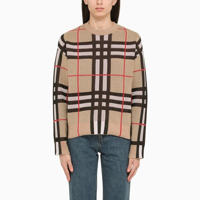 Shop Burberry | Crew-neck Sweater With Check Motif In Beige