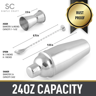 Zulay Kitchen Stainless Steel Cocktail Shaker With Spoon And Jigger In Silver