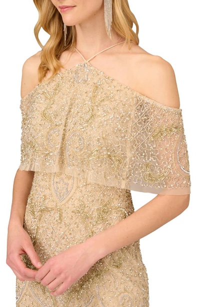 Shop Aidan Mattox By Adrianna Papell Cold Shoulder Beaded Halter Column Evening Gown In Beige/ Light Gold