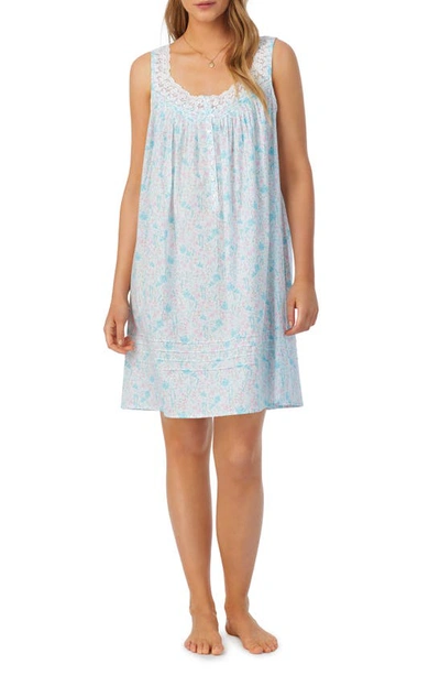 Shop Eileen West Lace Trim Floral Cotton Chemise In Small Aqua Floral Print