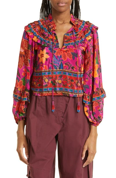 Shop Farm Rio Tropical Tapestry Long Sleeve Ruffle Top In Tropical Tapestry Pi