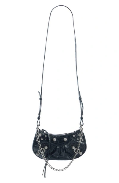 Shop Balenciaga Cagole Mini Croc Embossed Leather Chain Strap Bag In Black