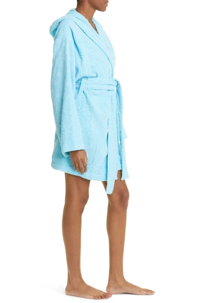 Shop Versace Seashell Baroque Hooded Short Bath Robe In Azur