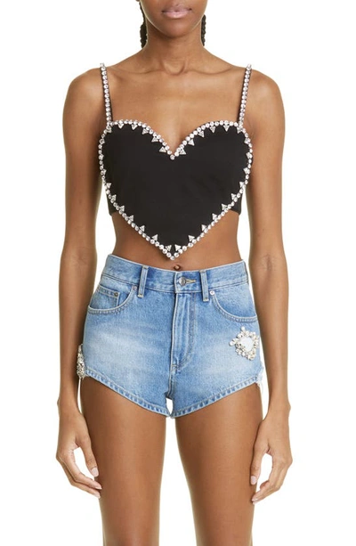 Shop Area Crystal Trim Heart Crop Top In Black