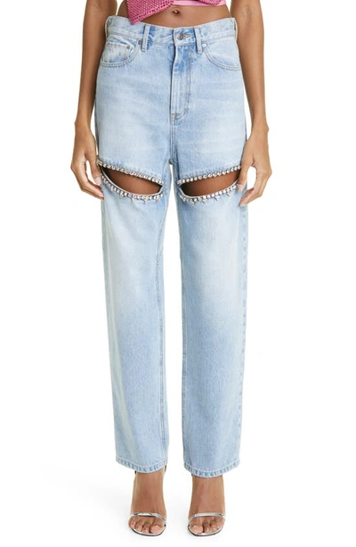 Shop Area Crystal Slit Cotton Denim Straight Leg Jeans In Light Blue