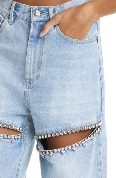 Shop Area Crystal Slit Cotton Denim Straight Leg Jeans In Light Blue