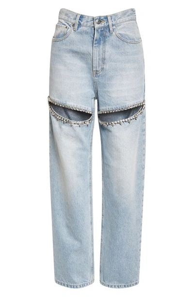 Shop Area Crystal Slit Cotton Denim Straight Leg Jeans In Light Blue