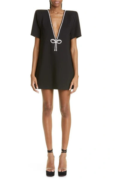 Shop Area Crystal Bow V-neck Ponte Knit T-shirt Minidress In Black