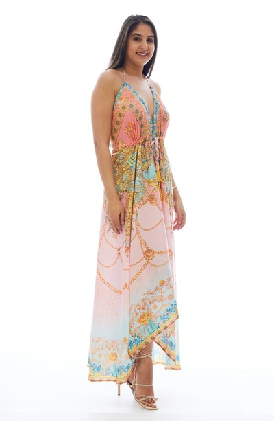 Ranee's Mixed Print Tassel Handkerchief Maxi Dress In Pink