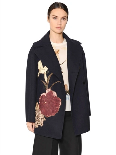 Shop Valentino Floral Patch Felted Wool Coat, Navy