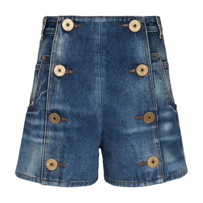 Shop Balmain Denim Shorts With Buttons In Blue
