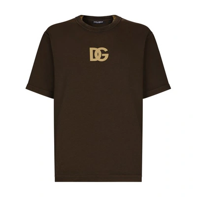 Shop Dolce & Gabbana Cotton T-shirt With Logo Print In Dark_brown_4