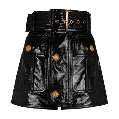 Shop Balmain Short Skirt In Patent Leather In Black