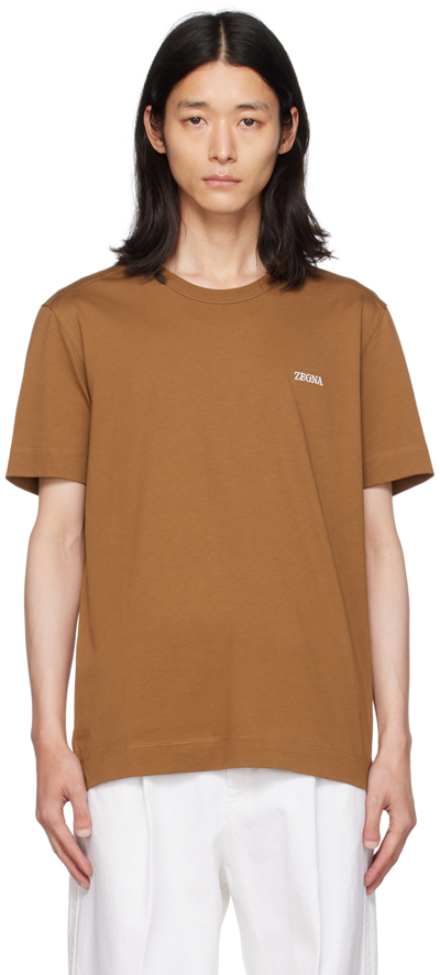 Shop Zegna Brown Embroidered T-shirt In D05 Vicuna