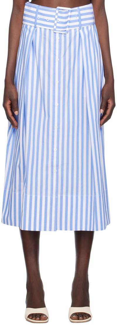 Shop Staud Blue & White Kingsely Midi Skirt In Sea Stripe