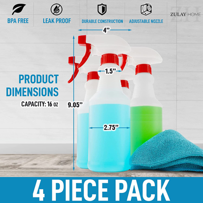 Zulay Kitchen Heavy Duty Cleaning Spray Bottles For Cleaning Solutions - 4 Pack, 16oz In White