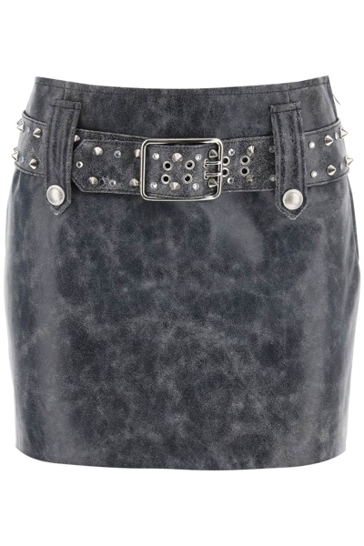 Shop Alessandra Rich Leather Mini Skirt With Belt And Appliques In Grey
