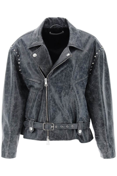 Shop Alessandra Rich Oversized Leather Jacket With Studs And Crystals In Grey