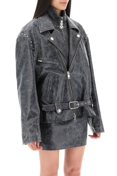 Shop Alessandra Rich Oversized Leather Jacket With Studs And Crystals In Grey