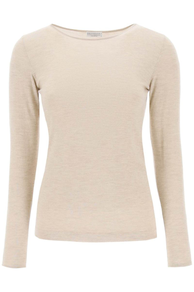 Brunello Cucinelli Cashmere Blend Boat Neck Sweater In Beige