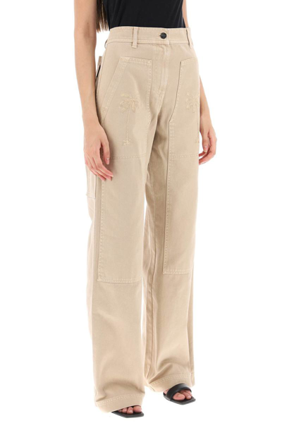 Shop Palm Angels 'gd Bull' Cargo Pants With Embroidered Palm Trees In Beige