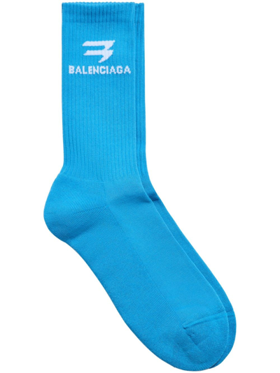 Shop Balenciaga Intarsia-logo Cotton Socks In Blue