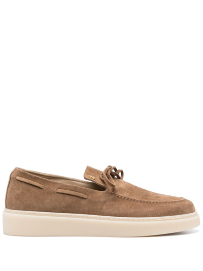 Shop Roberto Cavalli Tied Suede Loafers In Brown