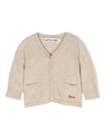 Shop Bonpoint Logo-embroidered Wool Cardigan In Neutrals