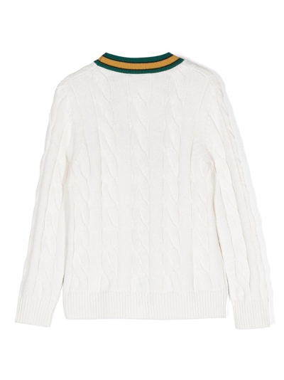 Shop Bonpoint Logo-embroidered Cable-knit Cardigan In White
