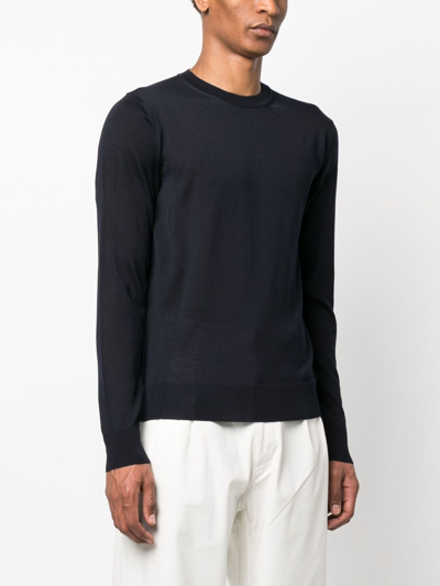 Shop Emporio Armani Embroidered-logo Wool Knit Sweater In Blue